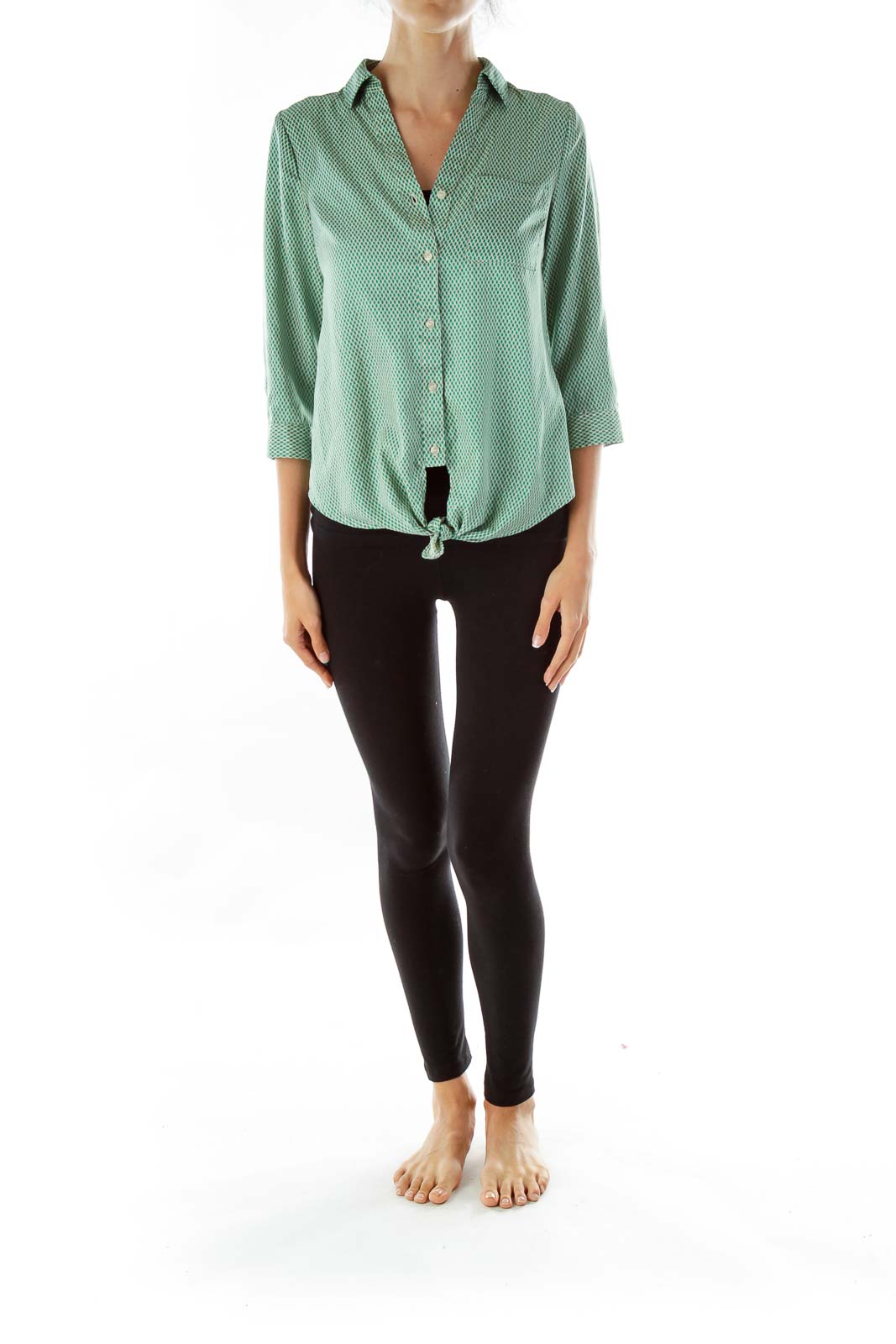 Green Print Pocketed Button-Up Blouse