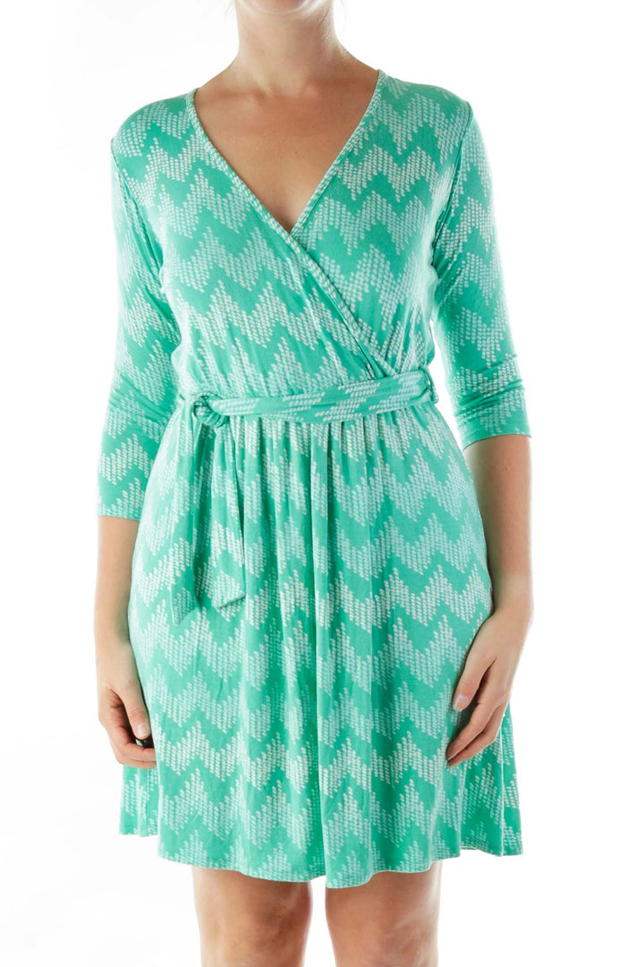 Green White Print V-neck Dress