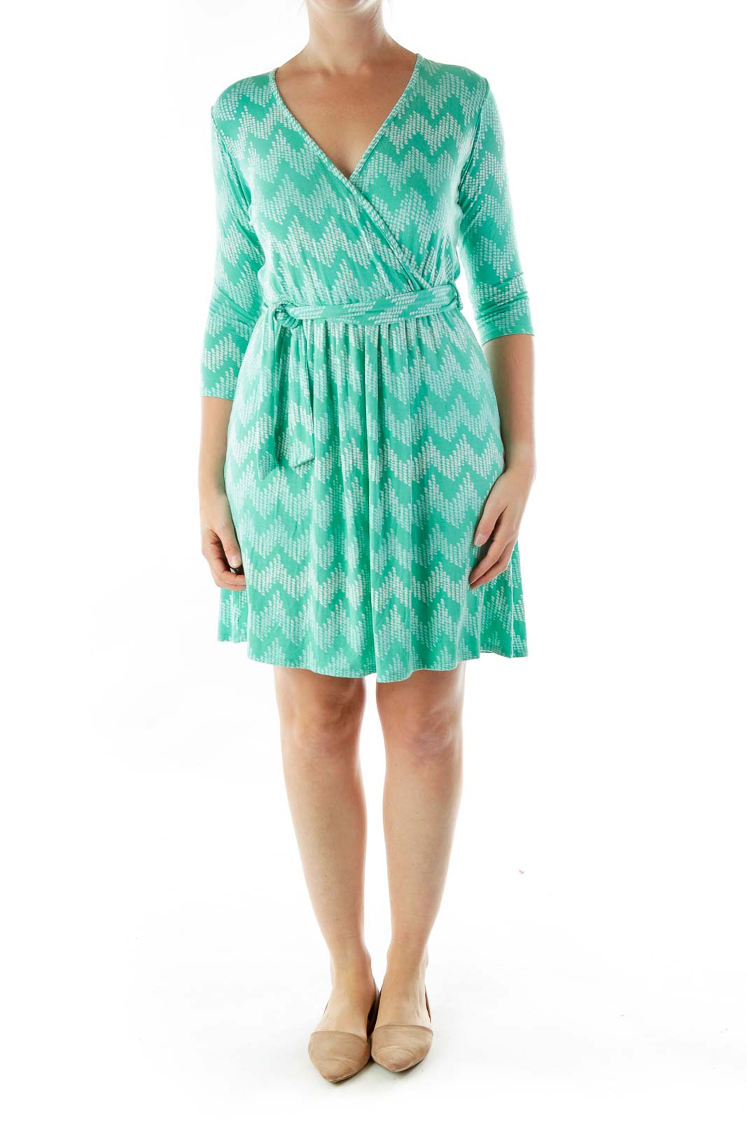 Green White Print V-neck Dress