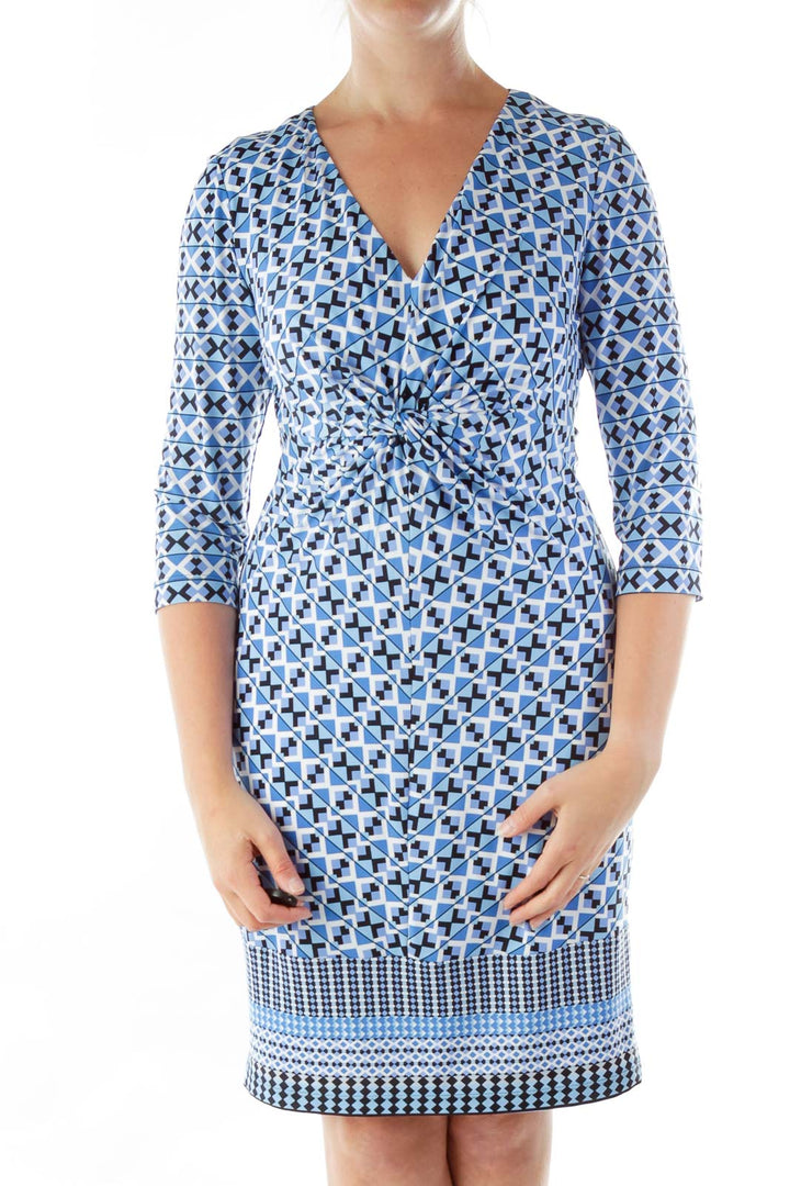 Blue Geometric Print V-neck Dress