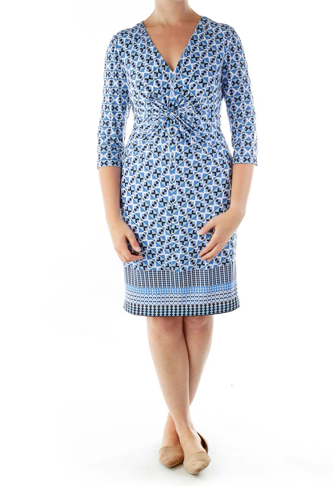 Blue Geometric Print V-neck Dress