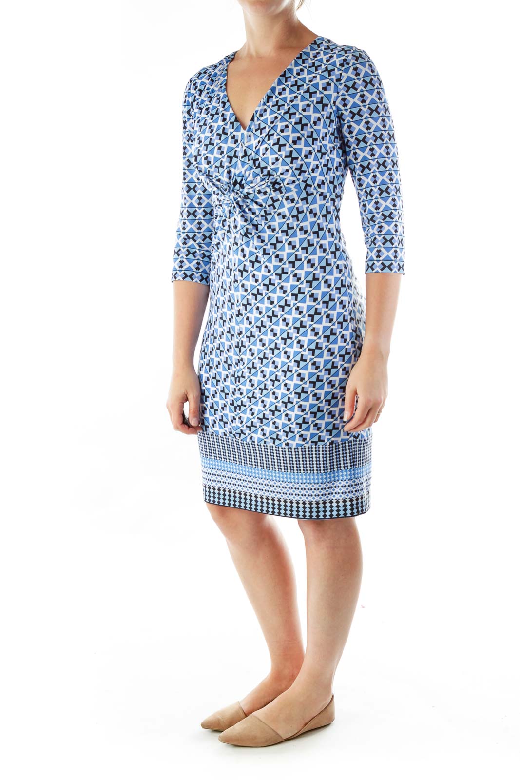 Blue Geometric Print V-neck Dress