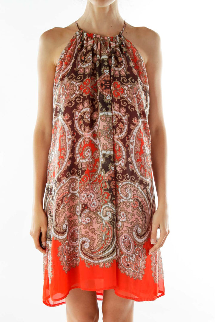 Red Brown Sleeveless Print Day Dress