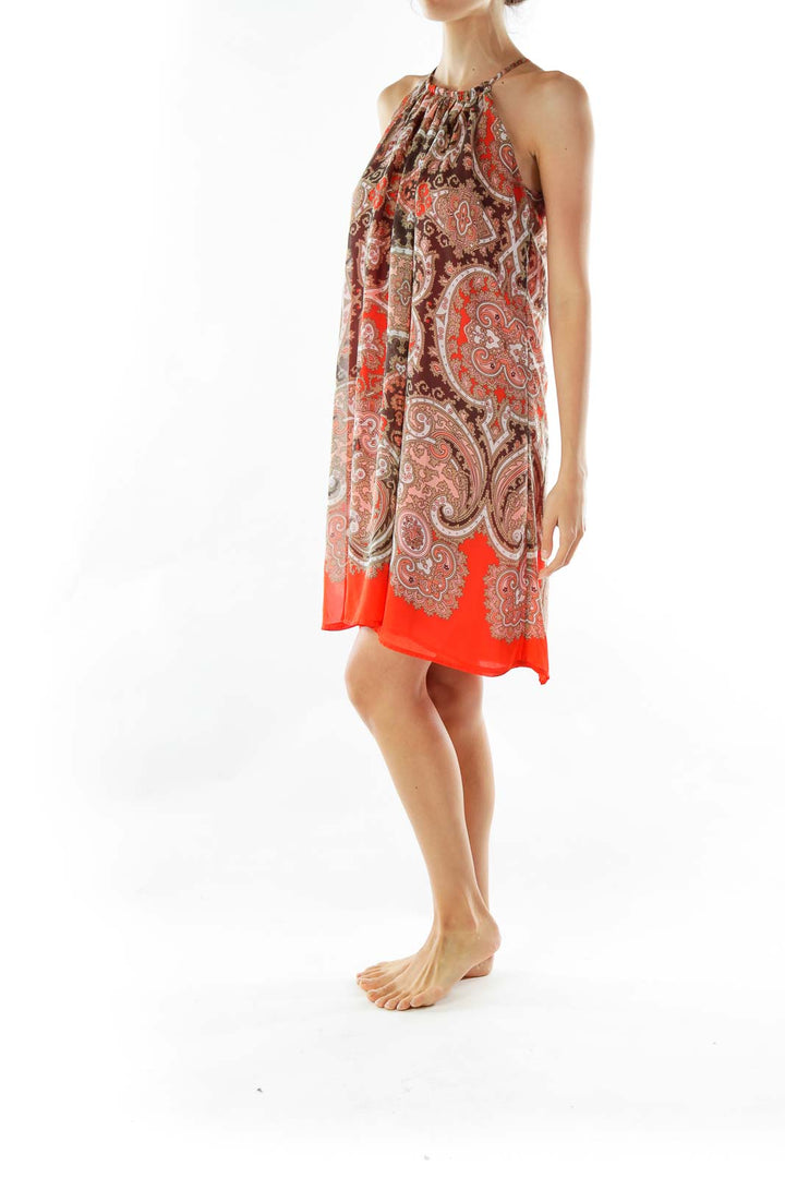 Red Brown Sleeveless Print Day Dress