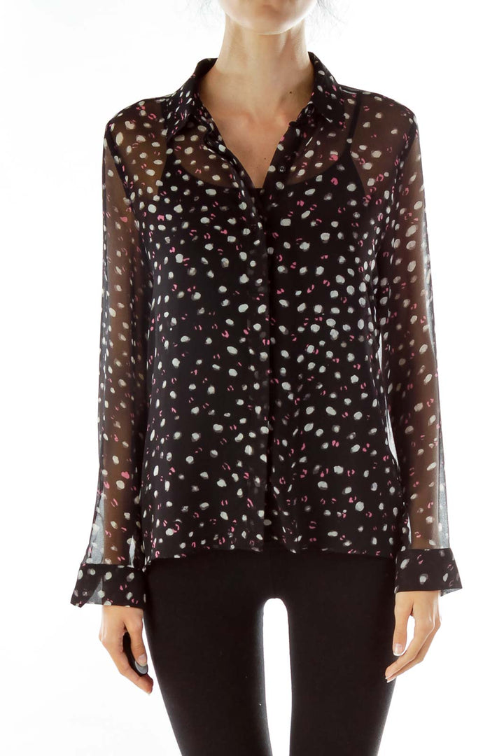 Black Print See-Through Blouse