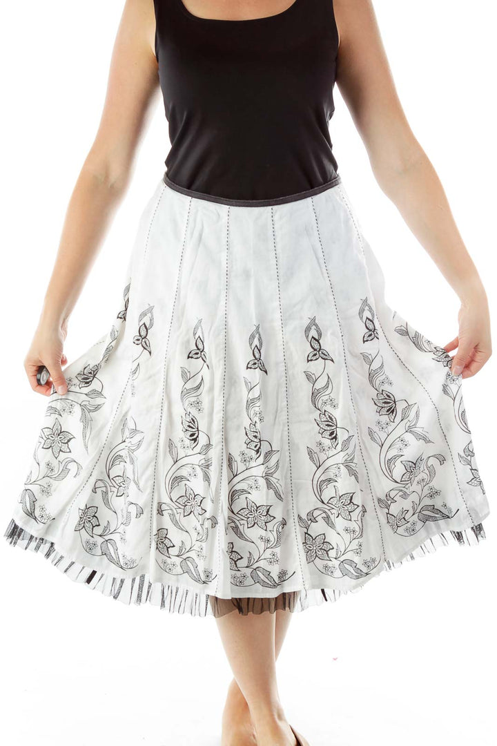 Black White Floral Print Midi Skirt