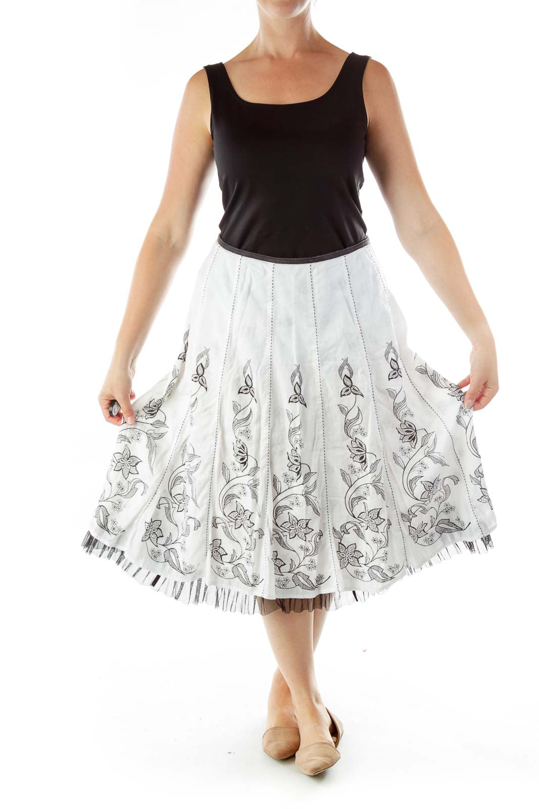 Black White Floral Print Midi Skirt