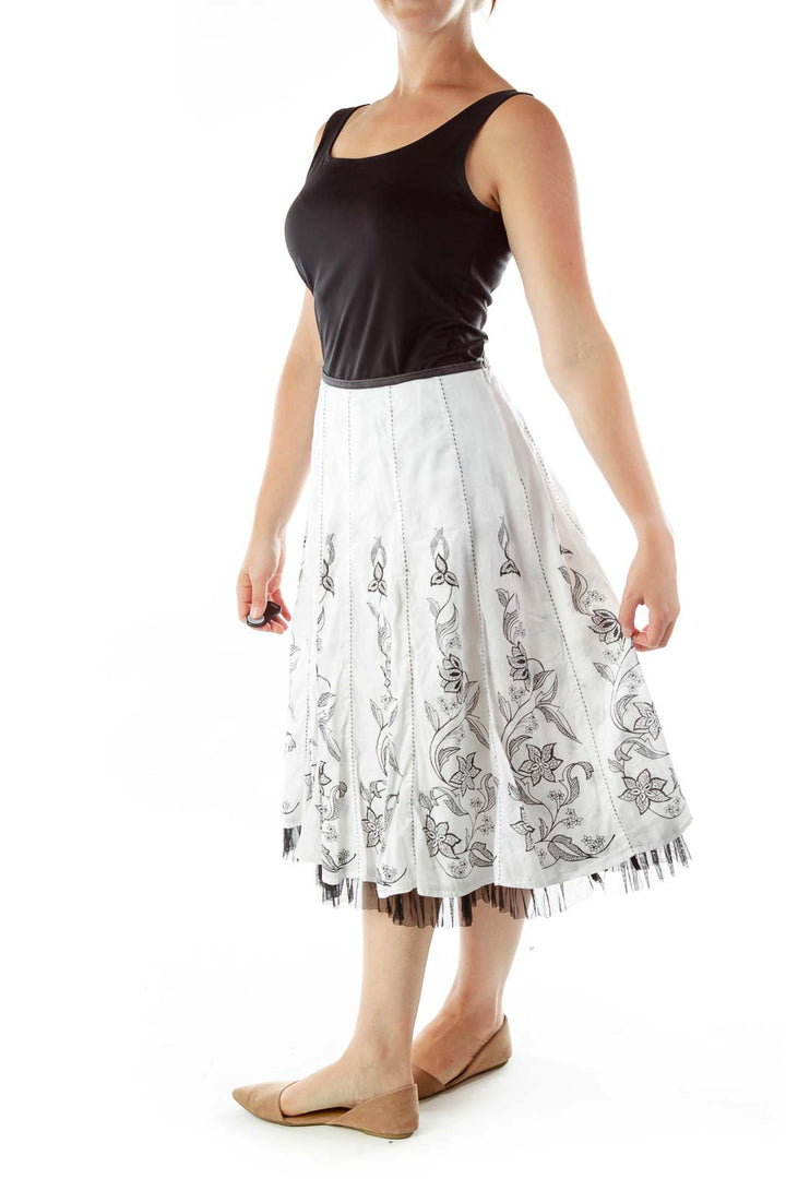 Black White Floral Print Midi Skirt