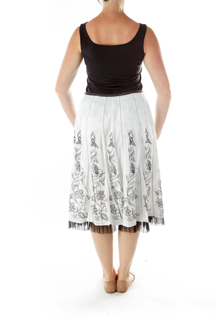 Black White Floral Print Midi Skirt