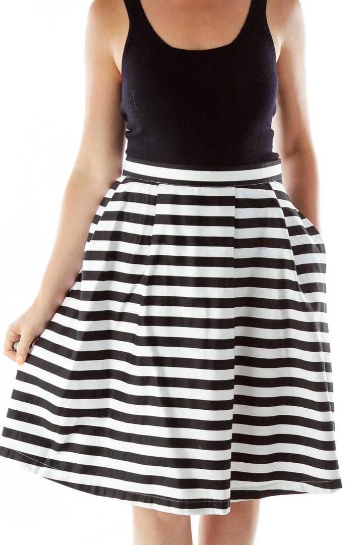 Black White Striped Flared Skirt