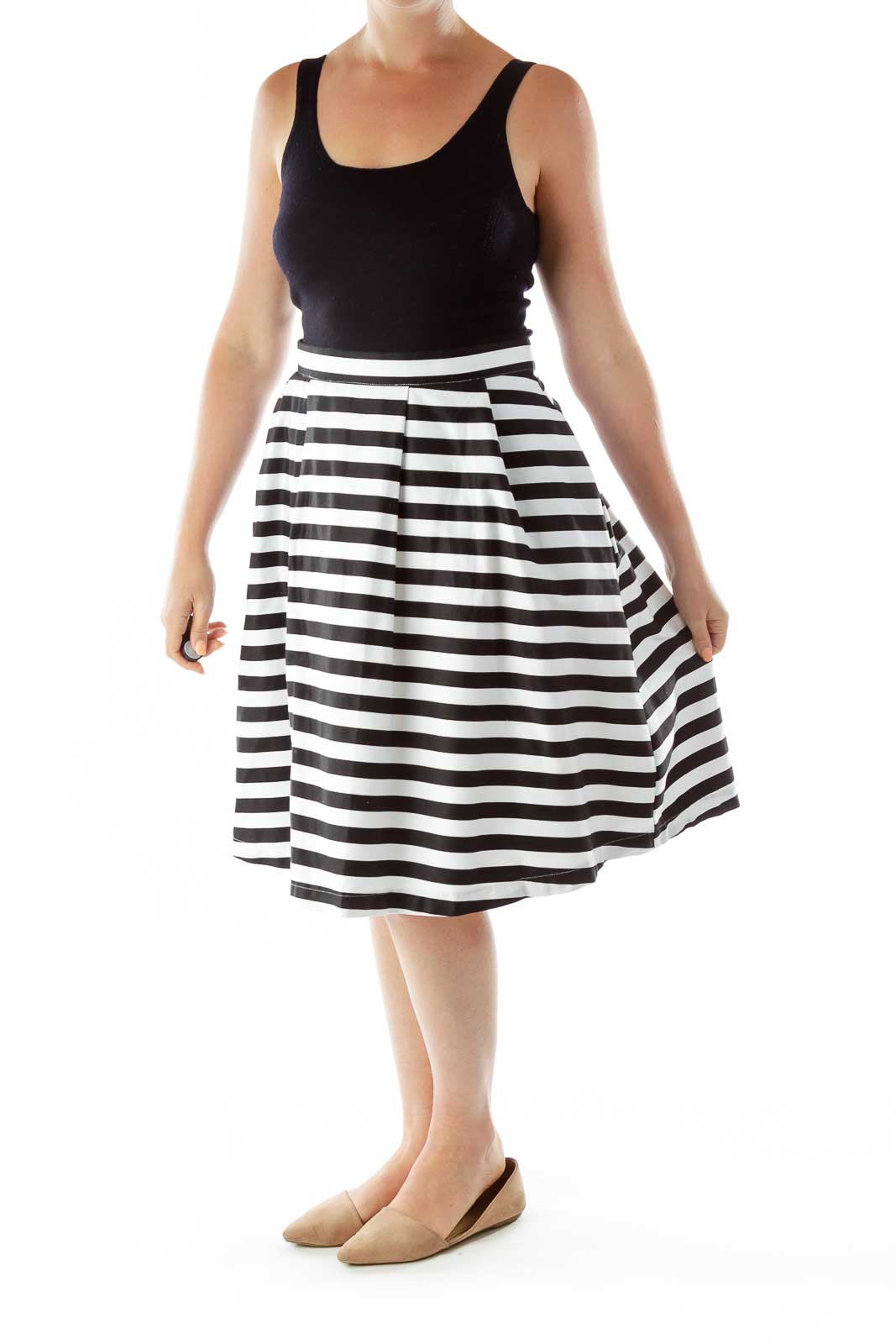 Black White Striped Flared Skirt