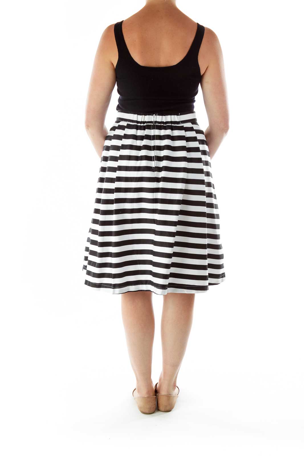 Black White Striped Flared Skirt