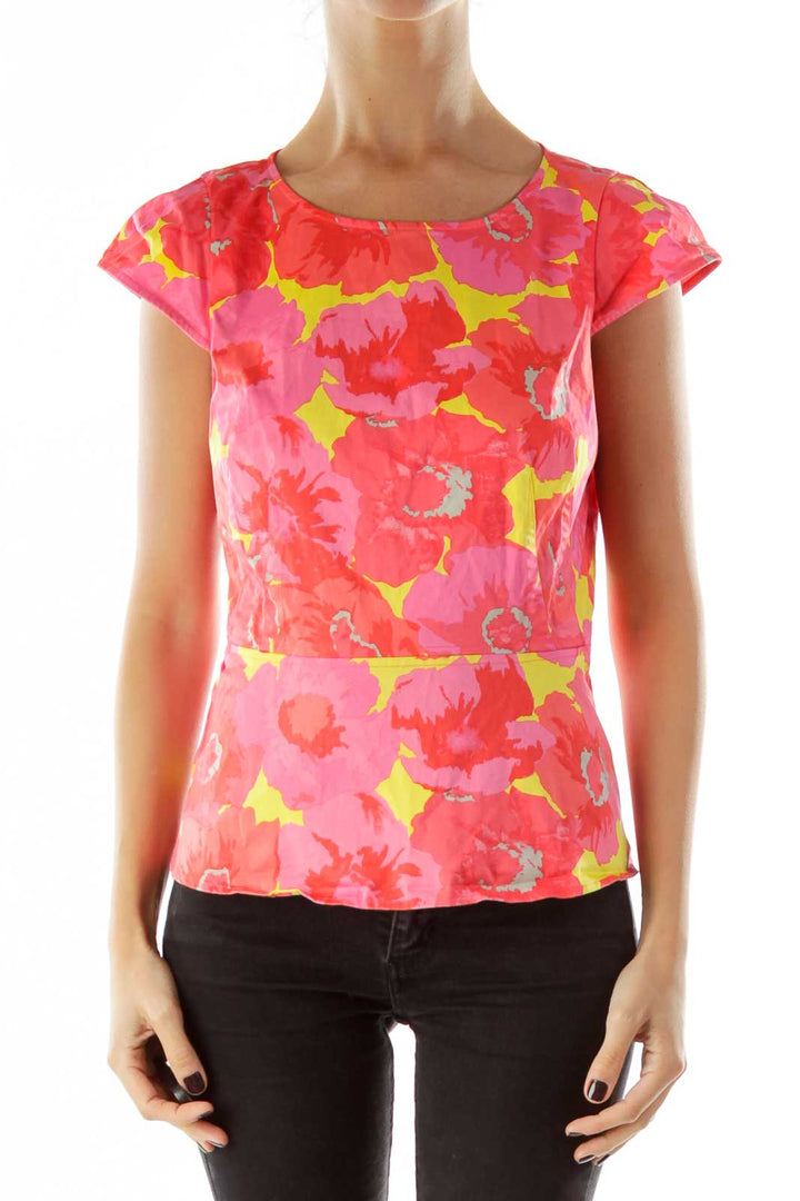 Pink Yellow Zippered Round Neck Blouse