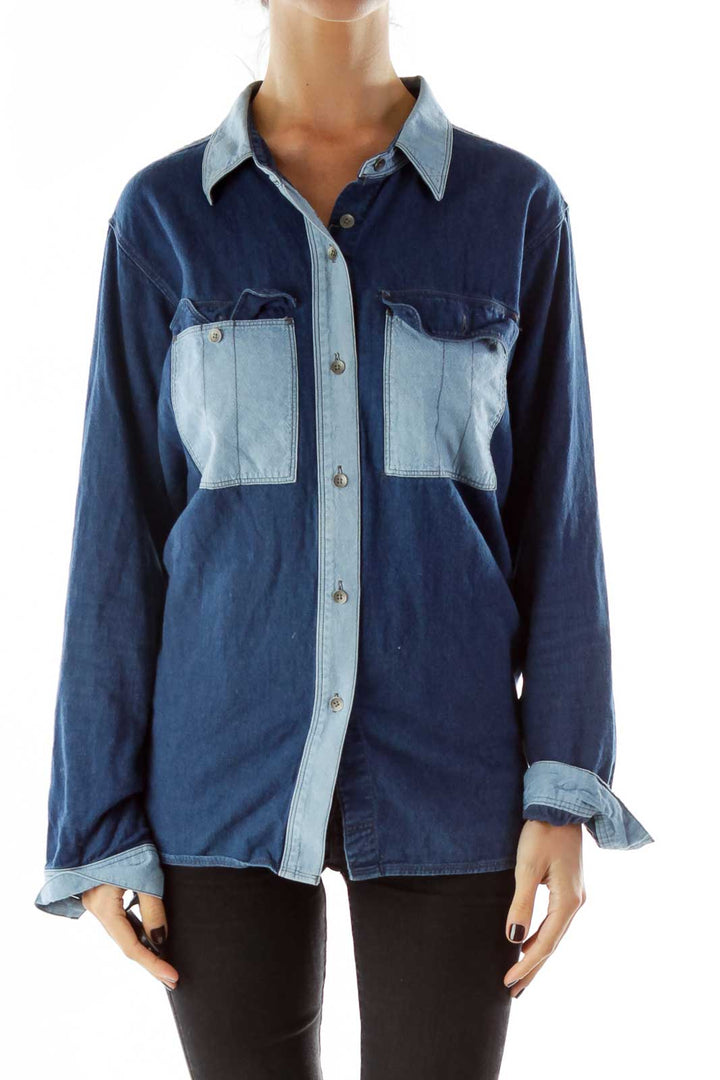 Blue Buttoned Pocketed Cotton Shirt