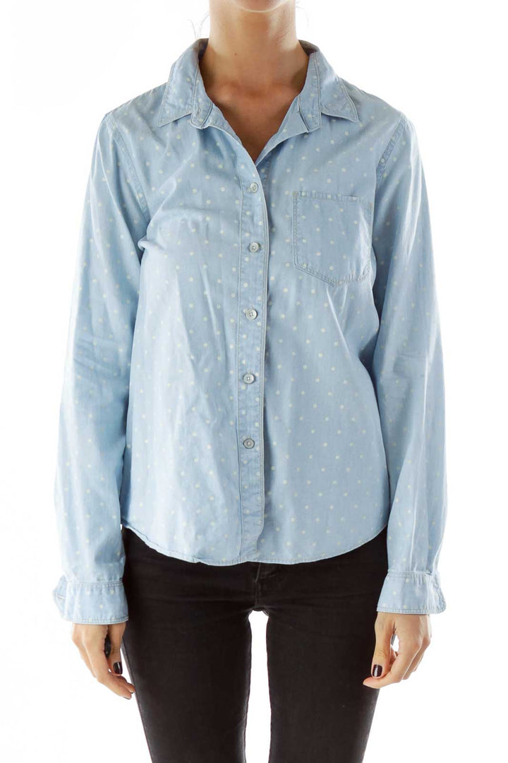 Baby Blue Polka-Dot Pocketed Cotton Shirt