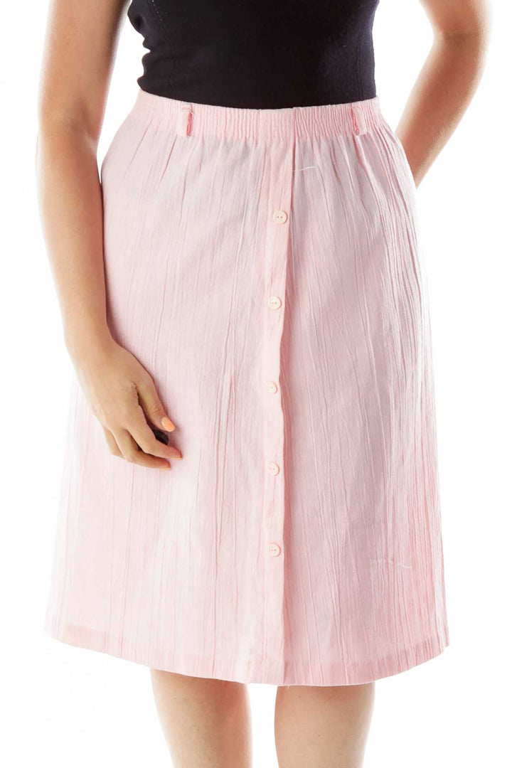 Front view of Booth Bay pink button-front midi skirt with A-line silhouette