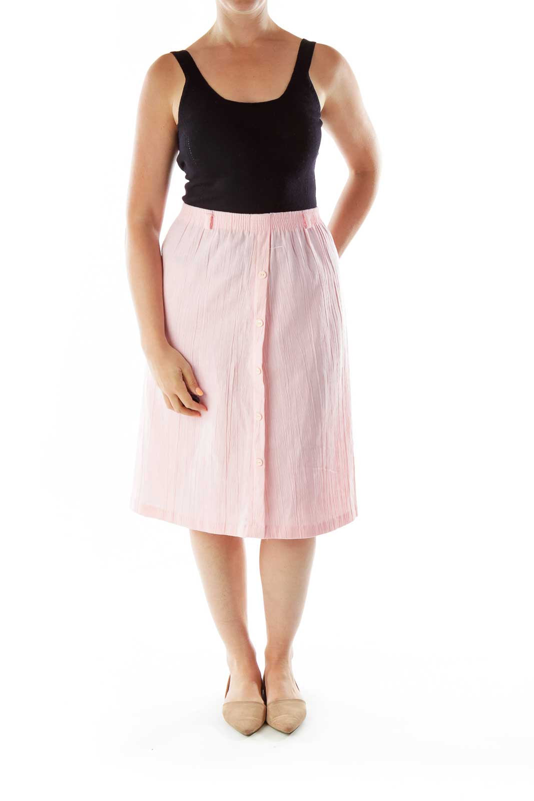 Front view of Booth Bay pink button-front midi skirt with A-line silhouette