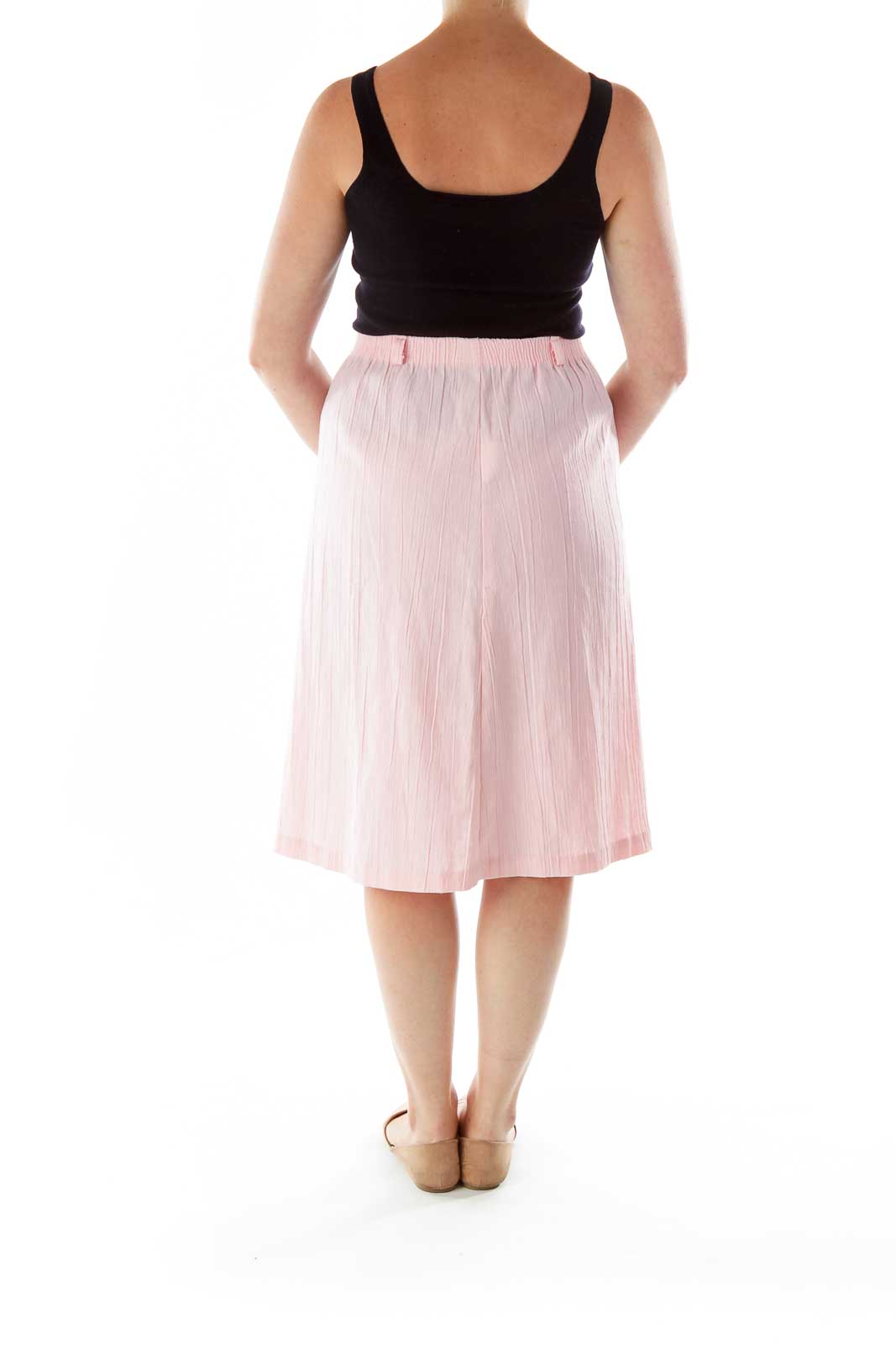 Back view of Booth Bay pink midi skirt showing full length and flowy design