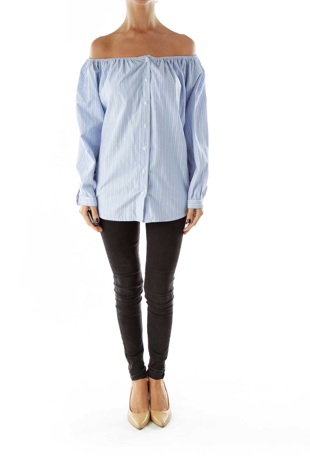 Blue Pin-stripe Off-shoulder Shirt