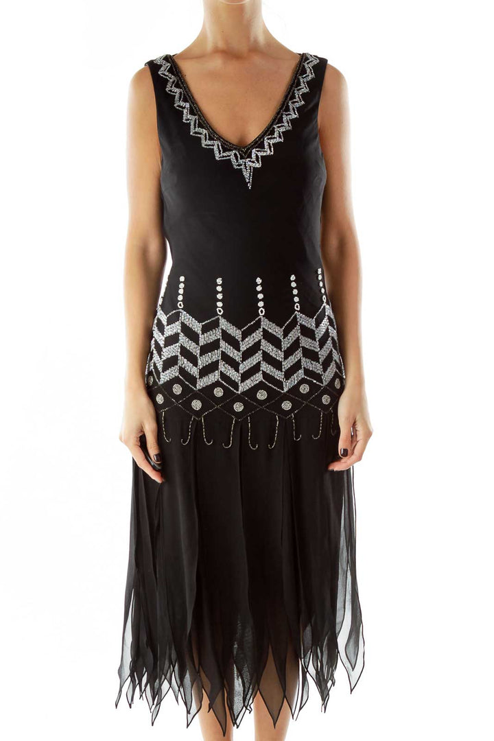 black Silver Sequined Fringe Cocktail Dress