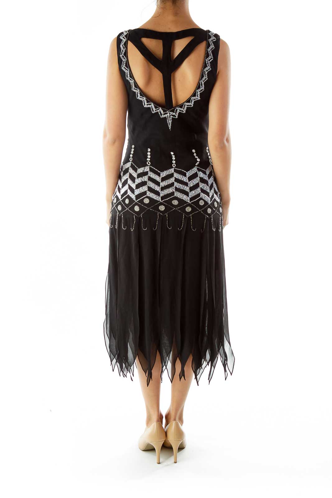 black Silver Sequined Fringe Cocktail Dress