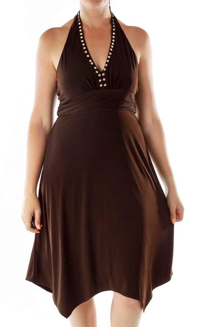 Brown Studded Halter Dress