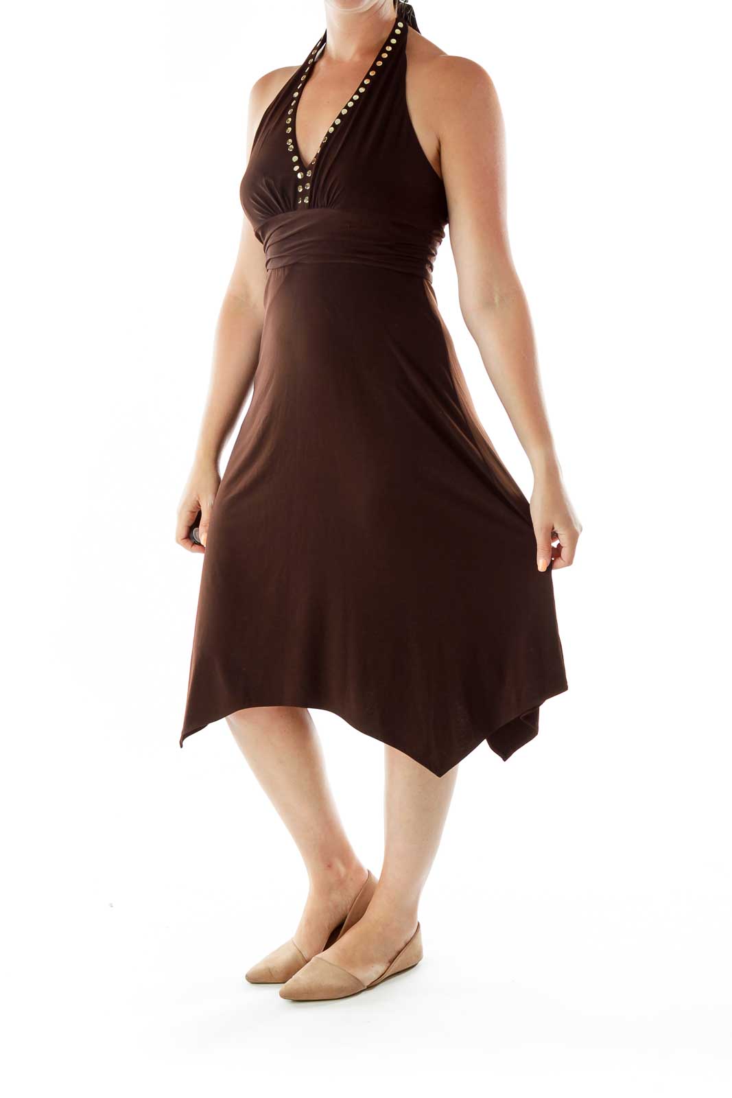 Brown Studded Halter Dress