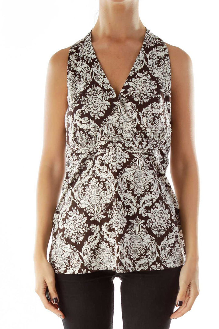 Brown White Beaded Print Tank Top