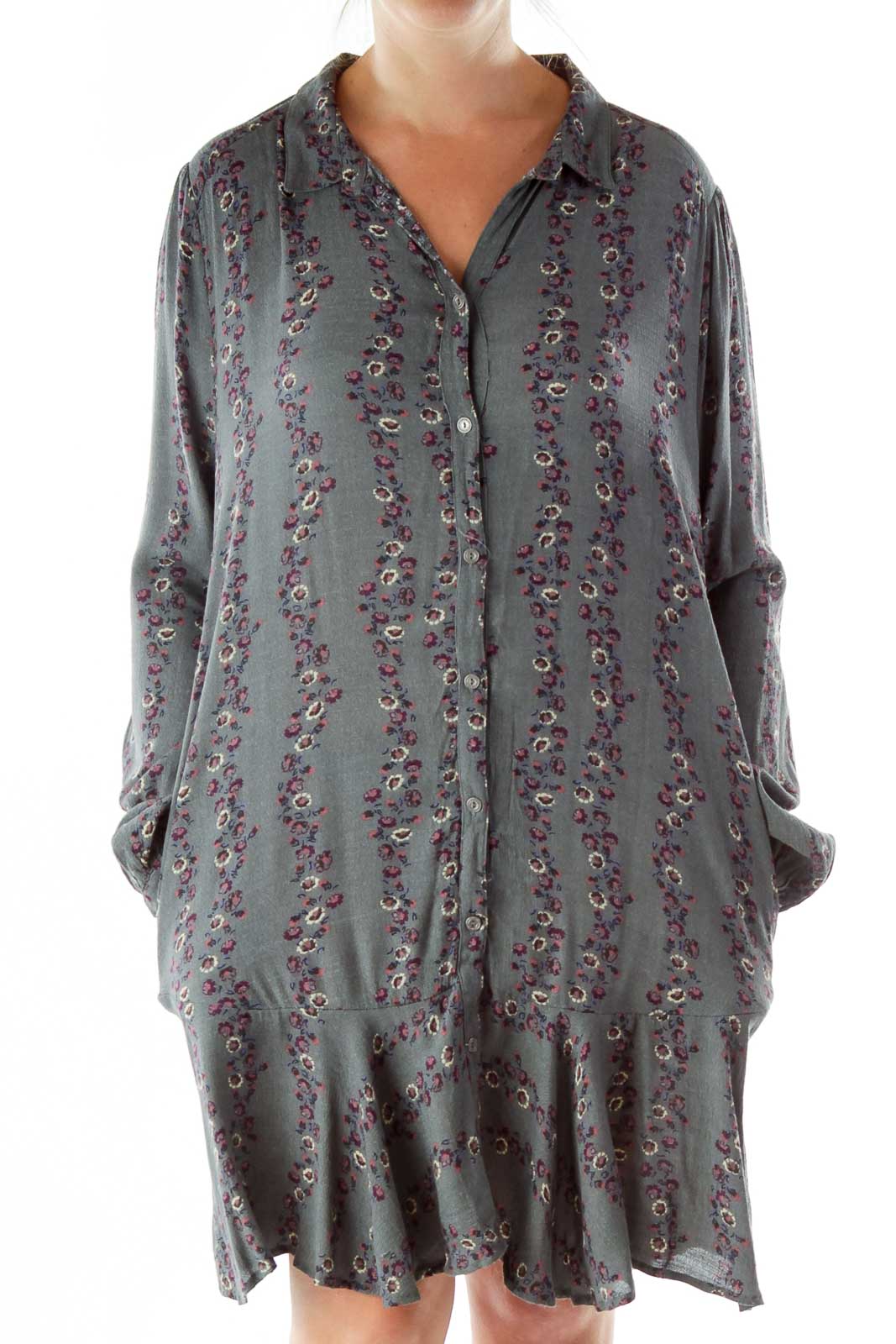 Front view of gray Free People shirt dress with purple floral pattern