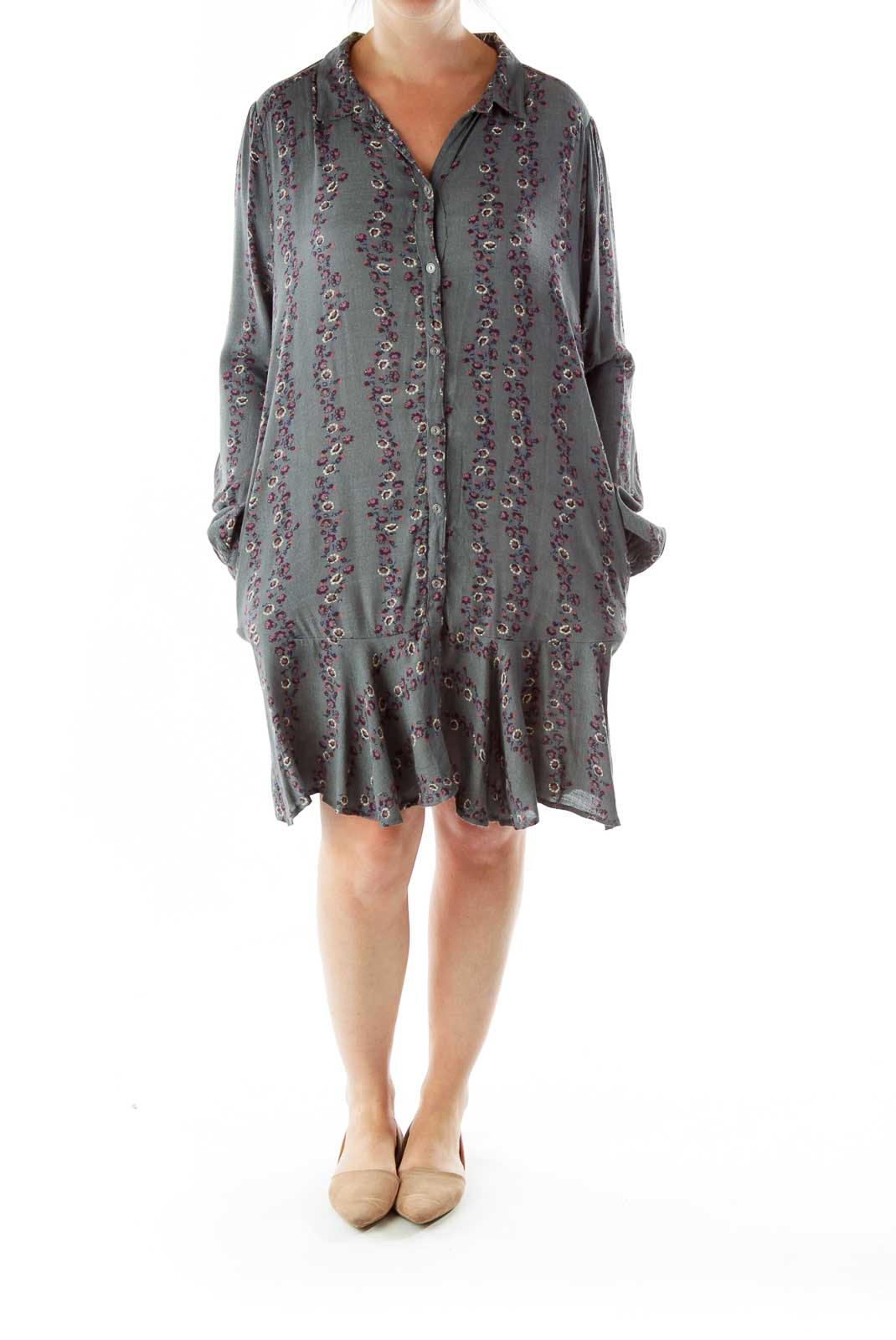 Front view of gray Free People shirt dress with purple floral pattern