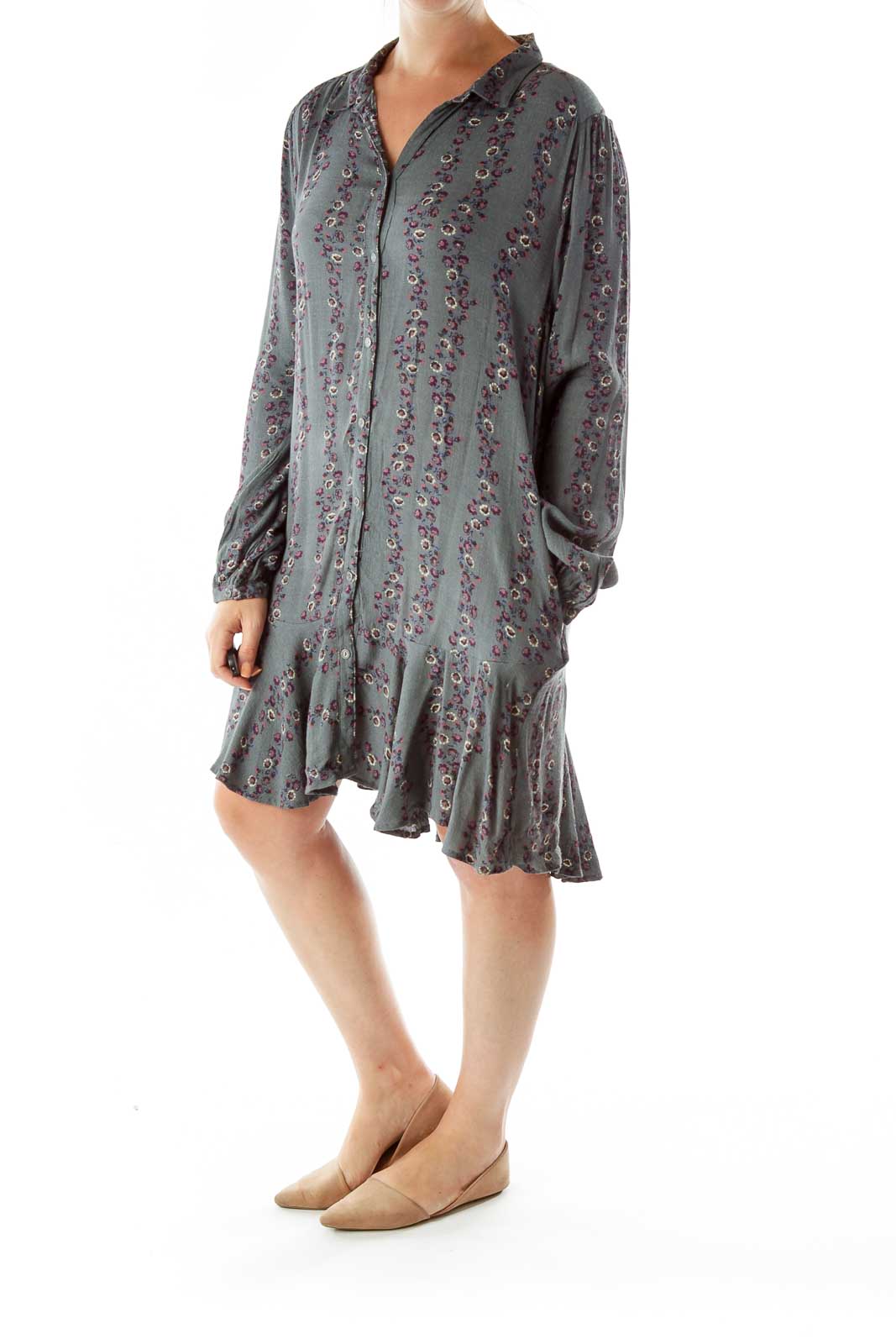 Front view of gray Free People shirt dress with purple floral pattern