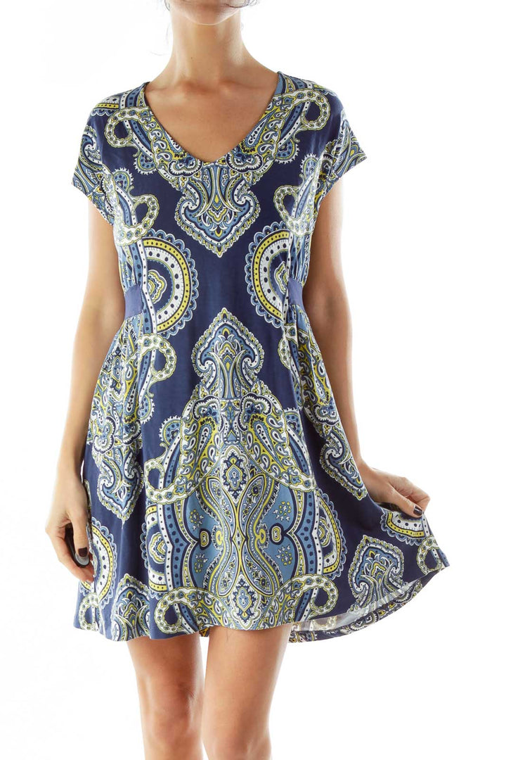 Blue Yellow White Print Paisley Dress