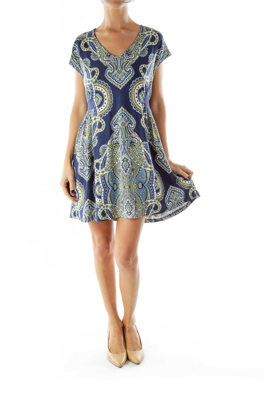 Blue Yellow White Print Paisley Dress