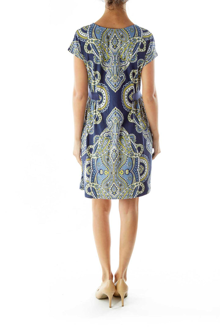 Blue Yellow White Print Paisley Dress