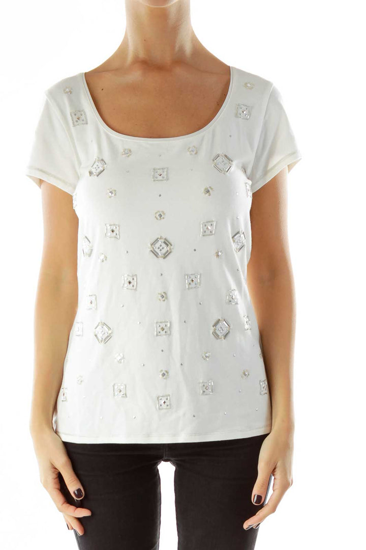 White silver Beaded Geometric T-shirt