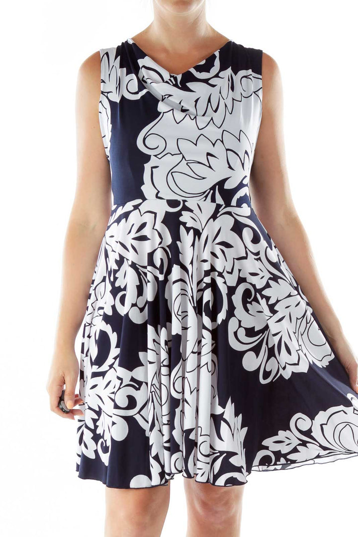 Navy White Print Sleeveless Day Dress