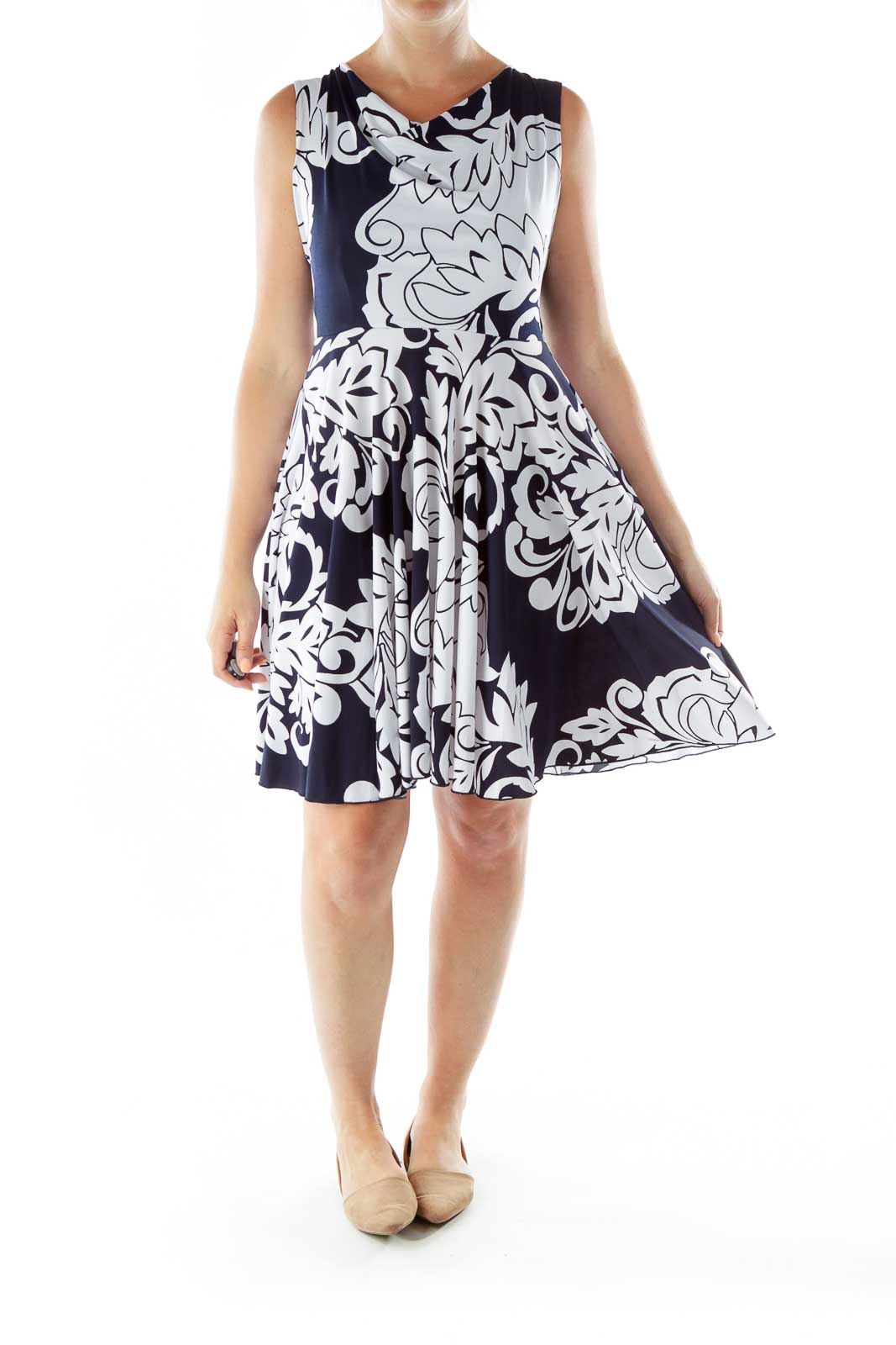 Navy White Print Sleeveless Day Dress