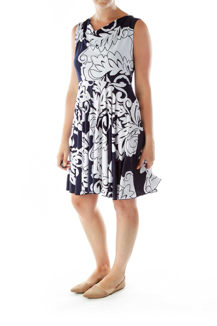 Navy White Print Sleeveless Day Dress