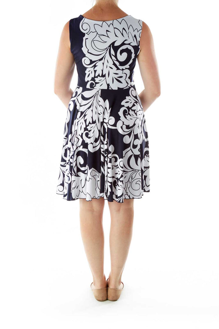 Navy White Print Sleeveless Day Dress