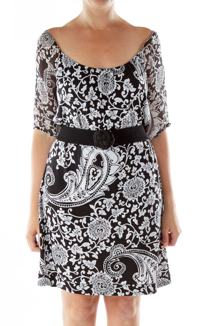 Black White Belted Print Dress