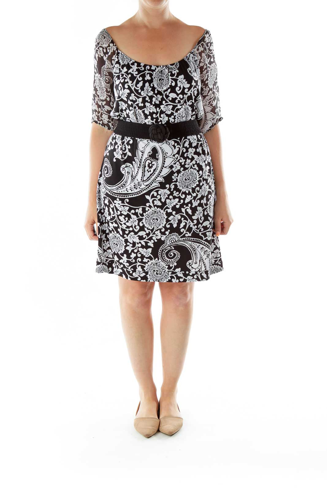 Black White Belted Print Dress