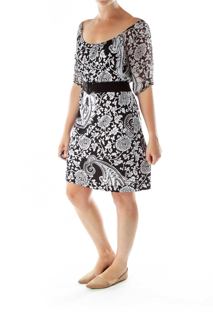 Black White Belted Print Dress