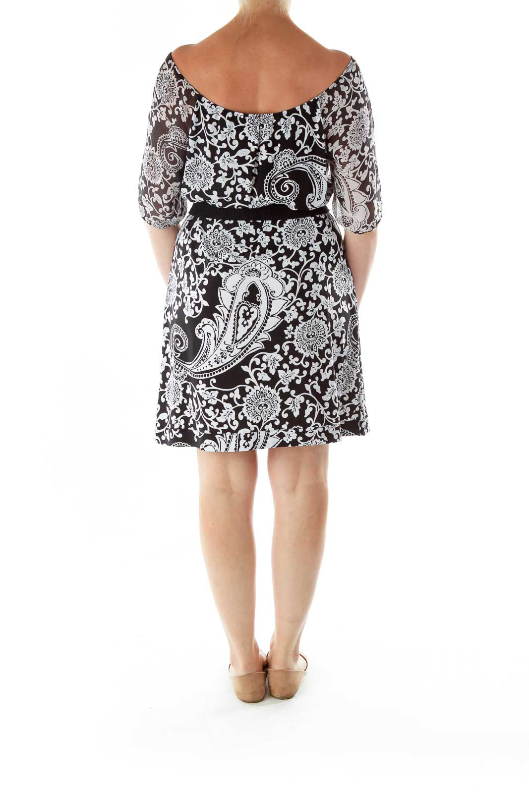 Black White Belted Print Dress