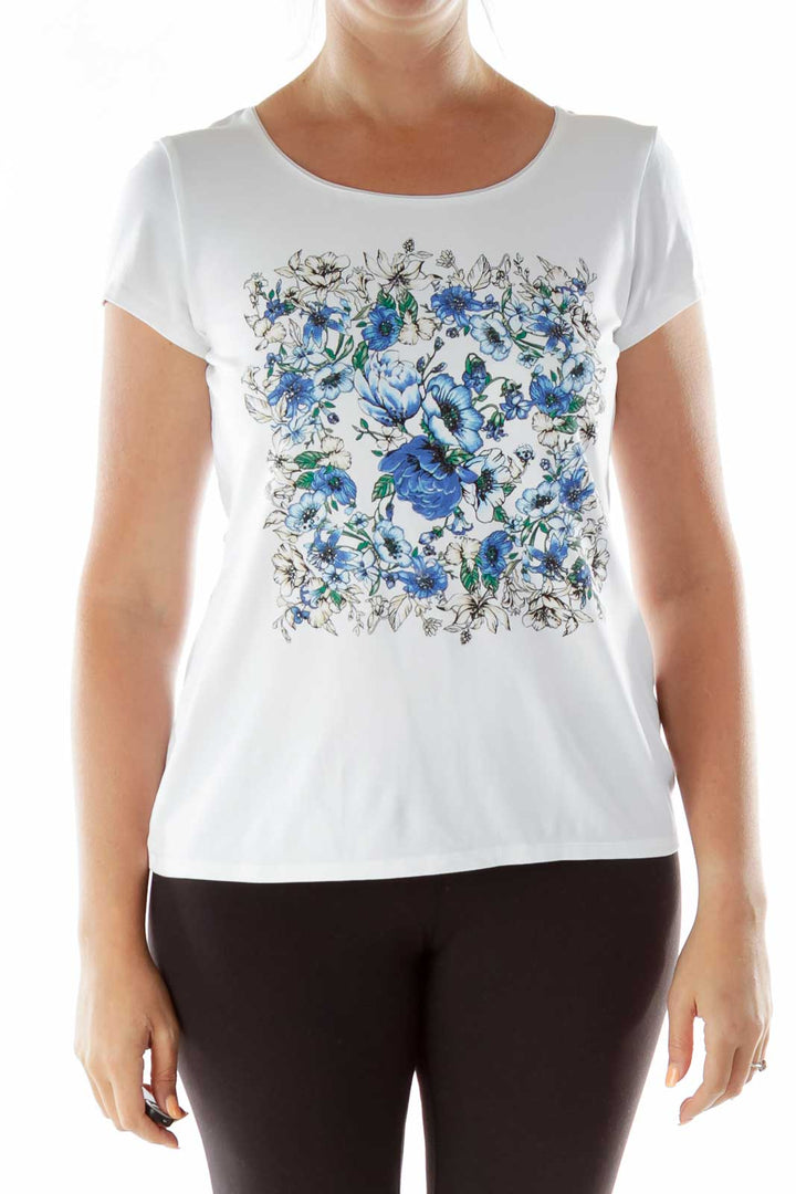 White Blue Flower Studded T-Shirt