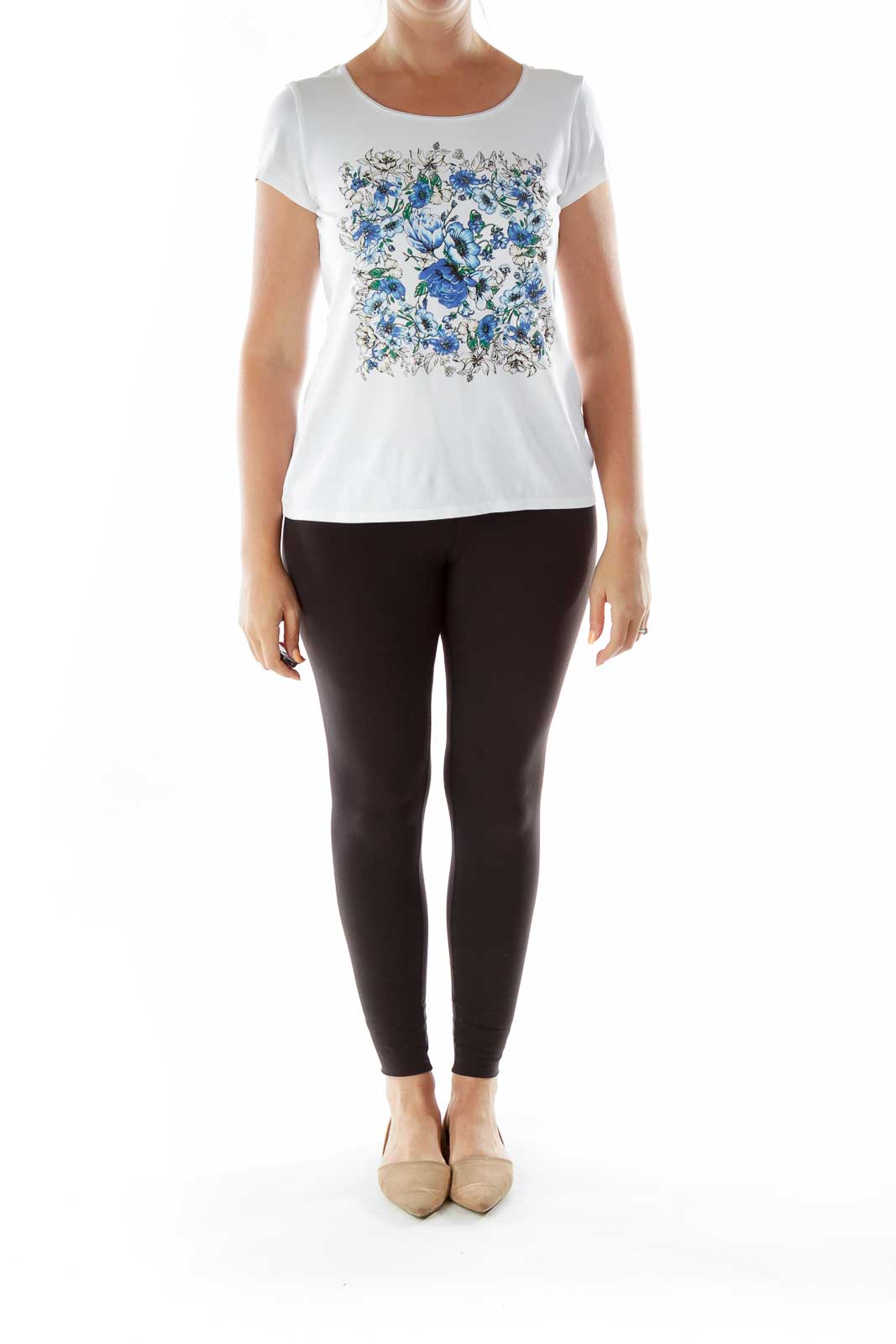 White Blue Flower Studded T-Shirt