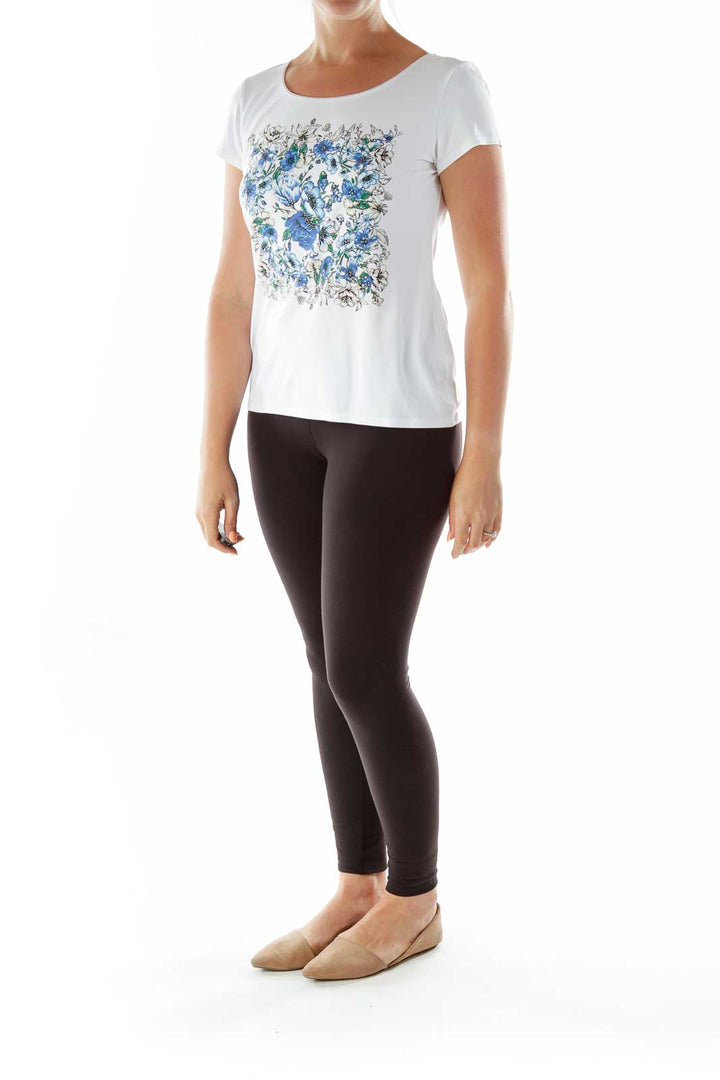 White Blue Flower Studded T-Shirt