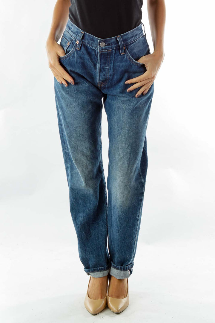 Blue High-Waisted Boyfriend Jeans