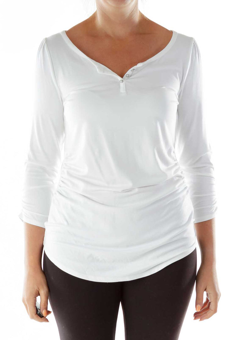 White Long-Sleeve T-Shirt w/ Silver Buttons