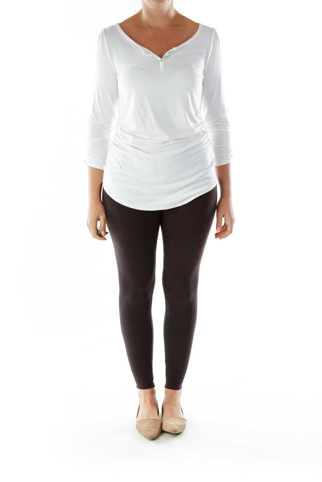 White Long-Sleeve T-Shirt w/ Silver Buttons