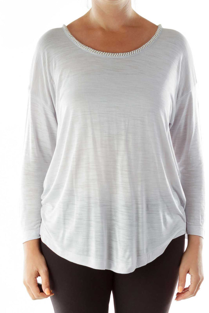 Lavender Silver Beaded Collar Loose Top